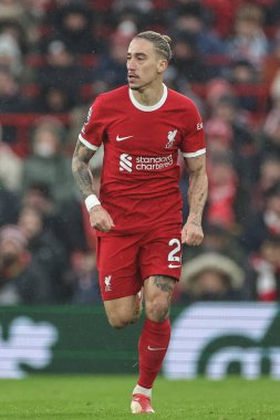 Liverpool 'dan Kostas Tsimikas # 21 Premier League maçında Liverpool Fulham' a karşı Anfield, Liverpool, İngiltere, 3 Aralık 2023