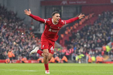 Liverpool 'dan Trent Alexander-Arnold 3 Aralık 2023' te Liverpool Fulham 'a karşı oynanan Premier Lig maçında 4-3' lük galibiyet golünü kutluyor.