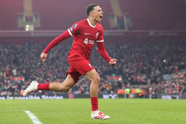 stock image Trent Alexander-Arnold #66 of Liverpool celebrates his goal to make it 4-3 during the Premier League match Liverpool vs Fulham at Anfield, Liverpool, United Kingdom, 3rd December 2023