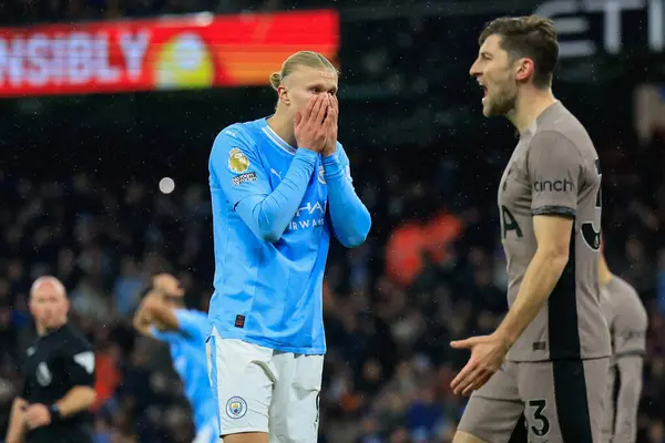 stock image Erling Hland #9 of Manchester City reacts to a missed chance during the Premier League match Manchester City vs Tottenham Hotspur at Etihad Stadium, Manchester, United Kingdom, 3rd December 2023