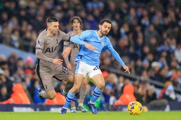 stock image Bernardo Silva #20 of Manchester City fouls Giovani Lo Celso #18 of Tottenham Hotspur during the Premier League match Manchester City vs Tottenham Hotspur at Etihad Stadium, Manchester, United Kingdom, 3rd December 2023