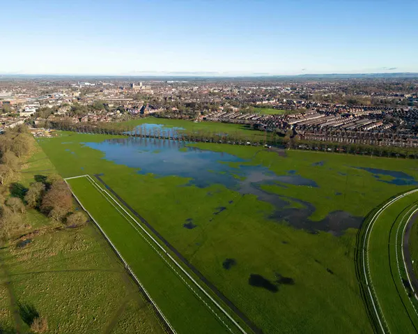 River Ouse Bursts Banks Causing Floods York Racecourse Storm Erin — Stock Photo, Image