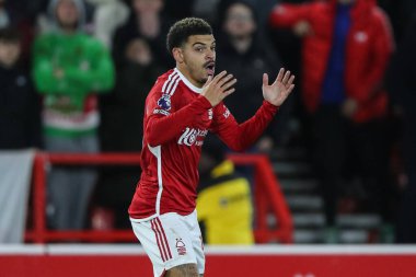 Nottingham Ormanı 'ndan Morgan Gibbs-White # 10 Premier Lig maçında Nottingham Forest Tottenham Hotspur' a karşı oynadığı City Ground, Nottingham, İngiltere 'de 15 Aralık 202' de golü attıktan sonra tepki gösterdi.