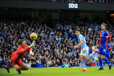 Manchester City 'den Julian Alvarez # 19 numara Premier League maçında Dean Henderson # 30 Crystal Palace' ın Manchester City - Crystal Palace maçında kaydettiği golü görüyor. Etihad Stadyumu, Manchester, İngiltere, 16 Aralık 202