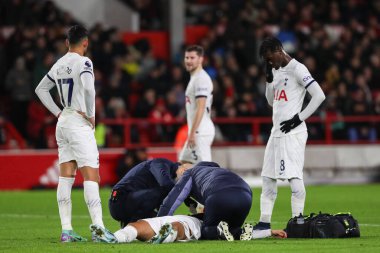 Tottenham Hotspur 'dan Brennan Johnson # 22 Premier League maçında tedavi gördü Nottingham Forest Tottenham Hotspur' a karşı City Ground, Nottingham, İngiltere, 15 Aralık 202