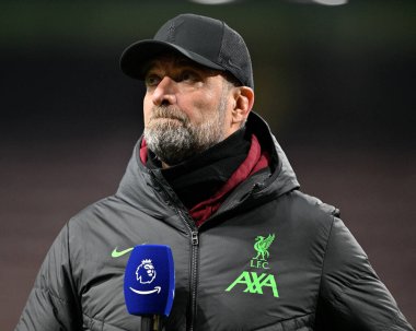 Liverpool Futbol Kulübü 'nden Jrgen Klopp, Premier Lig maçında Burnley' e karşı Liverpool maçında 26 Aralık 2023 'te Turf Moor, Burnley, İngiltere' de röportaj yaptı.