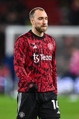 Manchester United takımından Christian Eriksen, 30 Aralık 202 'de İngiltere' nin Nottingham City Ground kentinde oynanan Premier League maçı öncesi ısınma maçında Nottingham Forest ile Manchester United karşı karşıya geldi.