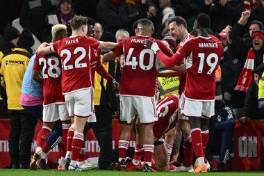 Nottingham Ormanı 'ndan Nicols Domnguez, İngiltere' nin Nottingham şehrinde 30 Aralık 2023 'te oynanan Premier League maçı Nottingham Forest' a karşı Manchester United maçında 1-0 'lık galibiyet golünü kutluyor.