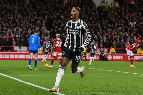 Stock image Marcus Rashford of Manchester United celebrates his goal to make it 1-1 during the Premier League match Nottingham Forest vs Manchester United at City Ground, Nottingham, United Kingdom, 30th December 202