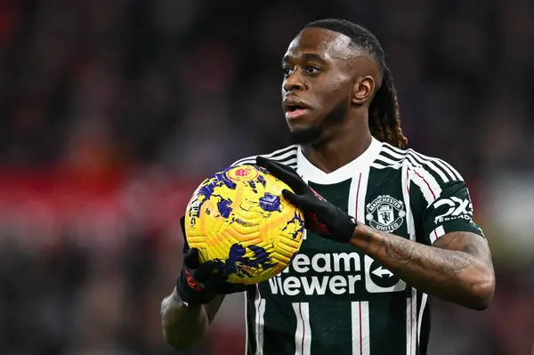 Stock image Aaron Wan-Bissaka of Manchester United prepares to take a throw in during the Premier League match Nottingham Forest vs Manchester United at City Ground, Nottingham, United Kingdom, 30th December 202