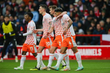 Blackpool 'dan Jordan Lawrence-Gabriel, 7 Ocak 202 tarihinde Nottingham City Ground, Nottingham, İngiltere' de oynanan Emirates FA Cup üçüncü tur karşılaşmasında 1-0 'lık galibiyet golünü kutluyor.