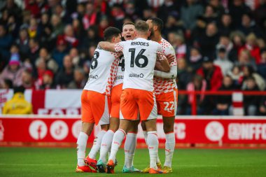 Blackpool 'dan Jordan Lawrence-Gabriel, 7 Ocak 202 tarihinde Nottingham City Ground, Nottingham, İngiltere' de oynanan Emirates FA Cup üçüncü tur karşılaşmasında 1-0 'lık galibiyet golünü kutluyor.