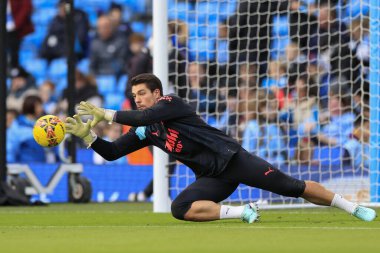 Manchester City 'den Stefan Ortega, 7 Ocak 202' de Etihad Stadyumu 'nda oynanan ve Manchester City' nin Huddersfield Town 'a karşı oynadığı üçüncü turda oynanan Emirates FA Kupası karşılaşması öncesinde oynanan ısınma turunda...
