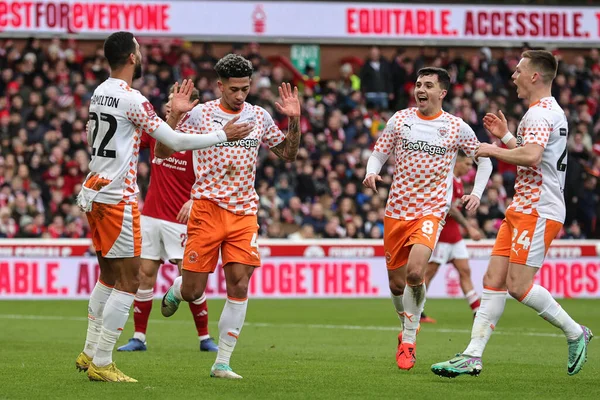 stock image Jordan Lawrence-Gabriel of Blackpool celebrates his goal to make it 0-1 during the Emirates FA Cup  Third Round match Nottingham Forest vs Blackpool at City Ground, Nottingham, United Kingdom, 7th January 202