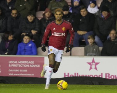 Manchester United takımından Marcus Rashford, 8 Ocak 202 'de Wigan Atletizm ve Manchester United' a karşı oynanan üçüncü tur karşılaşmasında, Birleşik Krallık 'ın başkenti Wigan' da mücadele etti.