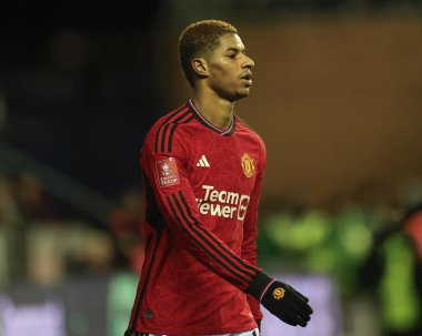 Manchester United takımından Marcus Rashford, 8 Ocak 2024 tarihinde Wigan Atletizm ve Manchester United 'a karşı oynanan üçüncü tur karşılaşmasında, Wigan Stadyumu, Wigan, Birleşik Krallık