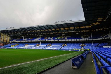Goodison Park 'taki The Howard Kendall Street End Stadyumu Premier League maçı sırasında Everton, Aston Villa' ya karşı Goodison Park, Liverpool, İngiltere, 14 Ocak 2024 