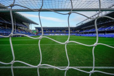 Goodison Park 'taki The Howard Kendall Street End Stadyumu Premier League maçı sırasında Everton, Aston Villa' ya karşı Goodison Park, Liverpool, İngiltere, 14 Ocak 2024 