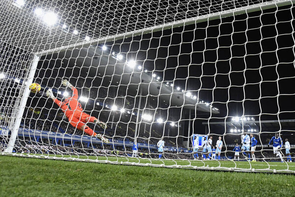 Andr Gomes of Everton scores from a free kick to make it 1-0 during the Emirates FA Cup Third Round Replay match Everton vs Crystal Palace at Goodison Park, Liverpool, United Kingdom, 17th January 2024