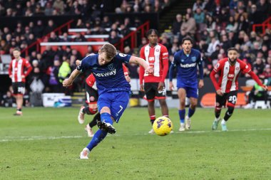 James Ward-Prowse of West Ham United scores a penalty to make it 1-2 during the Premier League match Sheffield United vs West Ham United at Bramall Lane, Sheffield, United Kingdom, 21st January 202 clipart