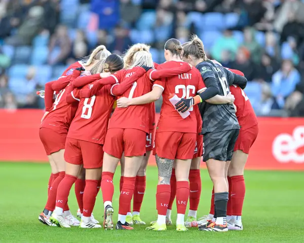 stock image Liverpool have a team huddle ahead of kick off, during the The FA Women's Super League match Manchester City Women vs Liverpool Women at Joie Stadium, Manchester, United Kingdom, 21st January 202