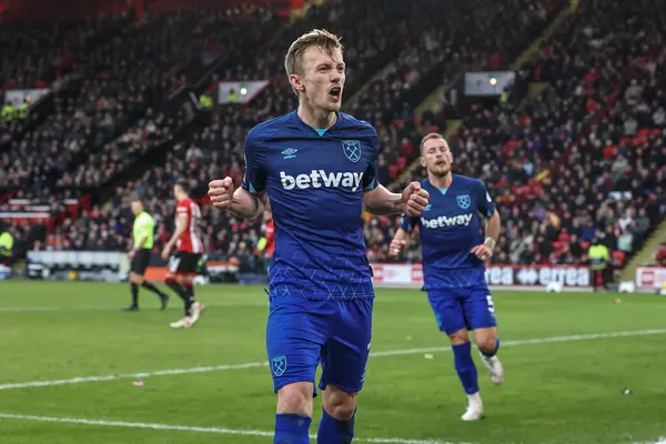 stock image James Ward-Prowse of West Ham United celebrates his goal to make it 1-2 during the Premier League match Sheffield United vs West Ham United at Bramall Lane, Sheffield, United Kingdom, 21st January 202