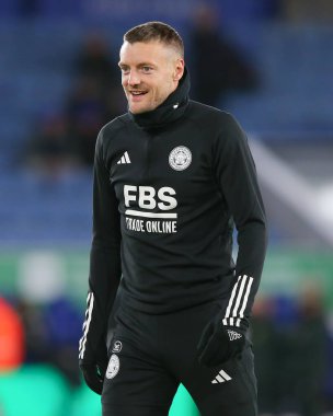 Leicester City 'den Jamie Vardy maçtan önce ısınıyor, Leicester City ile Ipswich Town arasındaki maç sırasında King Power Stadyumu, Leicester, İngiltere, 22 Ocak 202