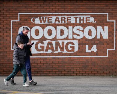 Goodison Park 'ın dış görünüşünün genel görünümü, 27 Ocak 202 tarihinde Goodison Park, Liverpool' da oynanan dördüncü turda oynanan Emirates FA Cup karşılaşmasında taraftarlar maçtan önce gelmeye başladı.