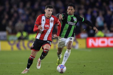 Sheffield United 'dan Anel Ahmedhodziç' e, Birleşik Krallık 'ın Bramall Lane, Sheffield, İngiltere' de oynanan dördüncü tur müsabakasında Brighton & Hove Albion takımından Joao Pedro meydan okuyor.