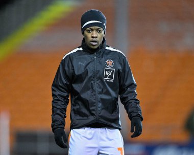 Blackpool 'dan Karamoko Dembl, Bristol Street Motors Kupa Çeyrek Final Maçı' nda Bloomfield Road, Blackpool, Birleşik Krallık, 30 Ocak 2024 'te Bolton Wanderers' a karşı ısınıyor.