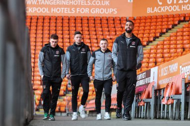 Blackpool 'dan Sonny Carey Blackpool' dan Oliver Casey Blackpool 'dan Shayne Lavery ve Blackpool' dan CJ Hamilton Bristol Street Motors Kupa Çeyreği Finali 'nde Blackpool Bolton Wanderers' a karşı Bloomfield Road, Blackpool, İngiltere,