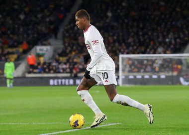 Manchester United takımından Marcus Rashford, Premier League maçında Wolverhampton Wanderers - Manchester United maçında Molineux, Wolverhampton, İngiltere 'de 1 Şubat 202' de forvet oynadı.