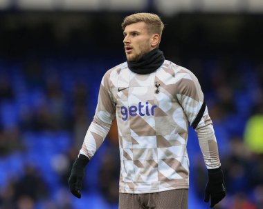 Tottenham Hotspur 'dan Timo Werner Premier Lig karşılaşmasında Everton Tottenham Hotspur' a karşı 3 Şubat 2024 'te Goodison Park, Liverpool' da oynanan ısınma maçında