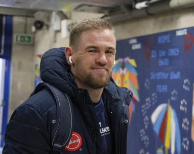 Warrington Wolves takımından Matt Dufty, 3 Şubat 202 'de Warliwell Jones Stadyumu, Warrington' da oynanan Rugby Ligi Joe Philbin Tanıklık maçı öncesinde stadyuma geldi.