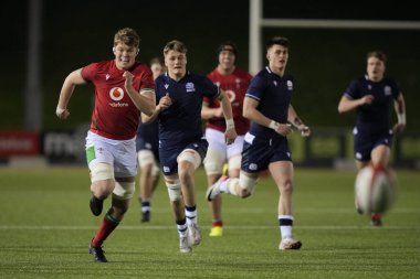 Galler 'den Osian Thomas U20, İskoçya' nın 2024 Guinness U20 maçında İskoçya U20 'lere karşı Stadiwm CSM, Colwyn Bay, Birleşik Krallık' ta 2 Şubat 202