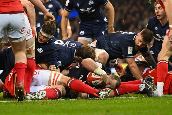 Pierre Schoeman Scotland Goes Try 2024 Guinness Nations Match Wales — Stock Photo, Image
