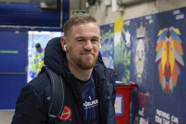 Warrington Wolves takımından Matt Dufty, 3 Şubat 202 'de Warliwell Jones Stadyumu, Warrington' da oynanan Rugby Ligi Joe Philbin Tanıklık maçı öncesinde stadyuma geldi.