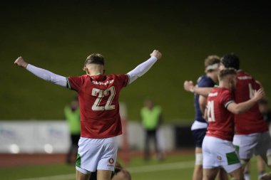 Galler 'den Harri Ford, U20' nin 2024 Guinness U-20 'lik Galler - İskoçya U20' lik Stadiwm CSM, Colwyn Bay, Birleşik Krallık 'ta 2 Şubat 202' de oynanan karşılaşma sonrasında zaferini kutluyor.