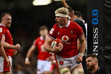 Galler 'den Aaron Wainwright, 3 Şubat 202' de İngiltere 'nin Cardiff kentindeki Principality Stadyumu' nda oynanan 2024 Guinness 6 Milletler Galler - İskoçya maçında denemesini kutluyor.