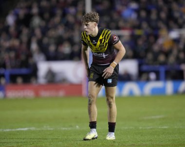 Warrington Wolves 'tan Aaron Lindop Rugby Ligi' nden Joe Philbin Tanıklık maçı sırasında Warrington Wolves, Leigh Leopards 'a karşı Halliwell Jones Stadyumu, Warrington, Birleşik Krallık, 3 Şubat 202