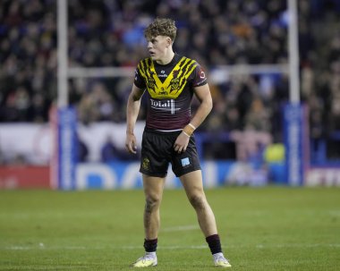 Warrington Wolves 'tan Aaron Lindop Rugby Ligi' nden Joe Philbin Tanıklık maçı sırasında Warrington Wolves, Leigh Leopards 'a karşı Halliwell Jones Stadyumu, Warrington, Birleşik Krallık, 3 Şubat 202