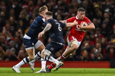 Galler 'den Alex Mann, İskoçyalı Duhan van der Merwe' nin 3 Şubat 202 'de Principality Stadyumu, Cardiff, Birleşik Krallık' ta oynanan Galler - İskoçya maçında aldığı mücadeleyi savuşturuyor.