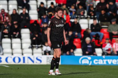 Blackpool takımından Matthew Pennington 3 Şubat 202 'de Lamex Stevenage, İngiltere' de Stevenage - Blackpool maçında
