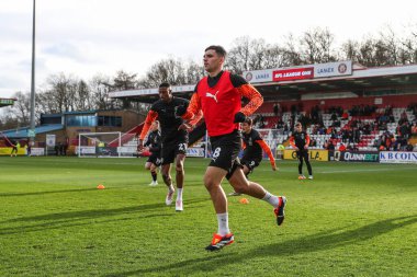 Blackpool 'dan Albie Morgan 3 Şubat 202' de İngiltere 'nin Stevenage Stadyumu' nda oynanan Sky Bet 1 Stevenage - Blackpool maçı öncesinde ısınma turunda