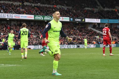 Sunderland takımından Nazariy Rusyn, 4 Şubat 202 'de Middlesbrough, Middlesbrough, Birleşik Krallık' ta oynanan Sky Bet Şampiyonası maçında 1-1 'lik galibiyetini kutluyor.