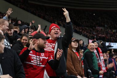Middlesbrough taraftarları Middlesbrough 'lu Marcus Forss' un 4 Şubat 202 'de Middlesbrough, Middlesbrough' daki Riverside Stadyumu 'nda oynanan Sky Bet Şampiyonası maçında 1-0 kazanmasını kutluyorlar.