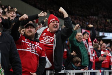 Middlesbrough taraftarları Middlesbrough 'lu Marcus Forss' un 4 Şubat 202 'de Middlesbrough, Middlesbrough' daki Riverside Stadyumu 'nda oynanan Sky Bet Şampiyonası maçında 1-0 kazanmasını kutluyorlar.