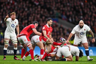 Galler 'den Tomos Williams 2024 Guinness 6 uluslar arası maçında Twickenham Stadyumu, Twickenham, Birleşik Krallık' ta İngiltere 'ye karşı Galler maçında önde gidiyor.