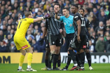 Rotherham United 'dan Viktor Johansson Hakem Andrew Madley' e sesleniyor. Patrick Bamford, Elland Road United 'a karşı oynanan Sky Bet Şampiyonası maçında 1-0 berabere kalarak elle top attığına inanıyor.