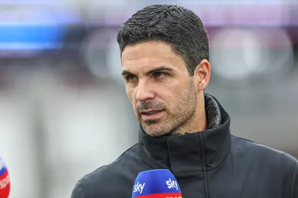 stock image Mikel Arteta manager of Arsenal speaks to Sky Sports during the Premier League match West Ham United vs Arsenal at London Stadium, London, United Kingdom, 11th February 202